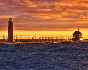 Grand Haven Michigan / Lighthouse & Pier / Sunset Waves / Lake Michigan / Canvas / Metal Print / Luster Paper Print / Michigan Photography
