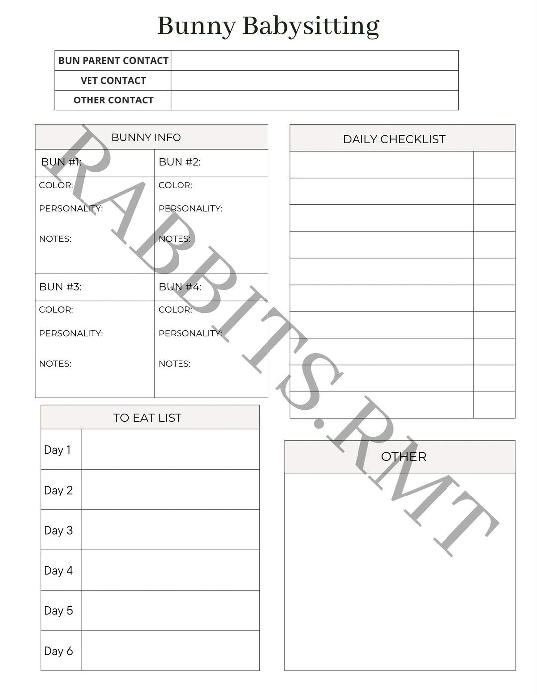 Bunny Babysitter Checklist & Instructions Sheet – Rabbit Care Printable ...