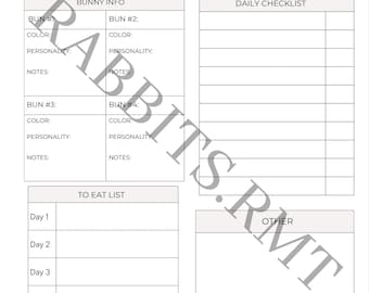 Bunny Babysitter Checklist & Instructions Sheet – Rabbit Care Printable Digital Download for Pet Sitters – pet bunny and pet rabbit Supplies