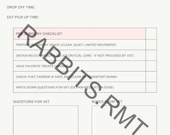 Bunny Neuter Fillable Guide | Pre-Surgery Checklist, Post-Op Tracker, Medication Log, rabbit info, pet digital health sheet Download tracker