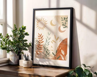 Boho Sun and Moon Print Set: Abstract Celestial Botanical Art (Digital Download)