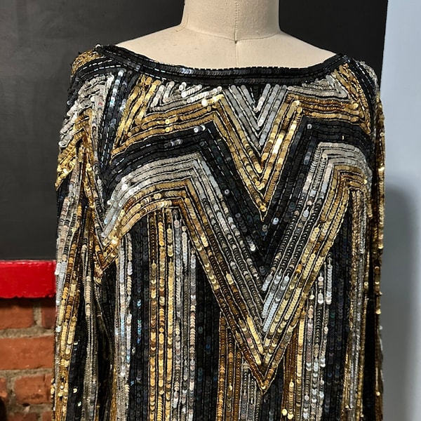 Late 1970's Vintage Gold Black Silver Chevron Sequin Silk Disco Blouse Sz Medium