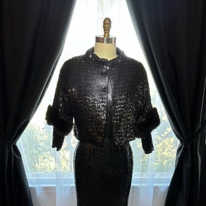 Beautiful Black Sequin 1960&#39;s Oleg Cassini Cocktail Dress and Cropped Jacket with Mink Trim Size 6