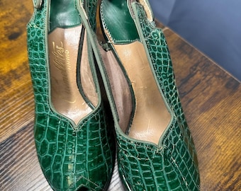1940 Plarform Grüne Alligator PeepToe Vintage Sling Back Größe 38