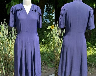 Navy Blue Crepe Vintage 1940's Classic Dress with Fringe Sleeves Modern Size 8