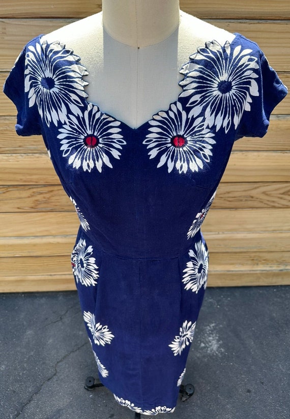 Vintage Navy Blue w/ White & Red Floral 1960's Haw