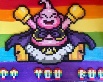 Pink Monster Perler Bead Pride Themed Art on Painted Canvas 11x14” Landscape view “Do You Buu” lettering