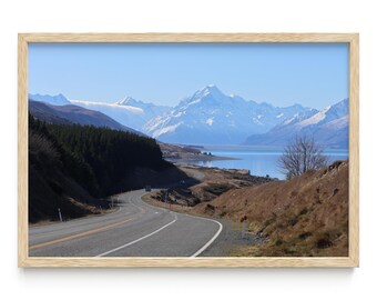 Mount Cook Aoraki Scenic Road Print, New Zealand Alpine Lake Landscape Photography