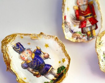 Nutcracker Oyster Shell Ring Dish, Coastal Christmas Ring holder dish, table decor.