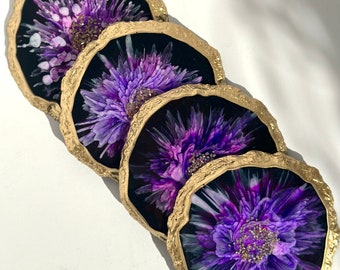 Onderzetters met paarse bloemenhars set van 4 unieke onderzetters, vakantietafeldecor. Verjaardagscadeau voor moeder, vrouw.