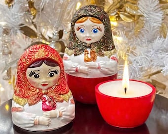 Matryoshka candle, Slavic doll candle. Unique folk art for holiday gift.