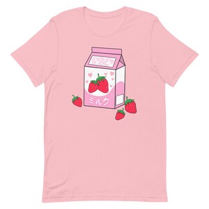 Camiseta unissex de caixa de leite de morango kawaii, camiseta rosa de morango fofa, camiseta preta de morango fofa