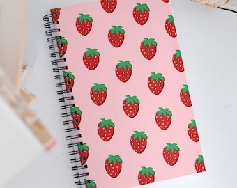 Kawaii Strawberry Print Spiral notebook, Strawberry aesthetic, Pink notebook, 140 pages