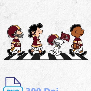 May include: A digital graphic featuring four cartoon characters walking in a line on a black and white striped crosswalk. The characters wear burgundy and gold football jerseys with the number 00, helmets, and carry a football and a flag.