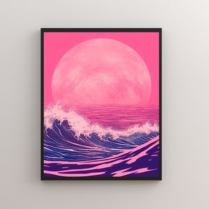 Pink Sunset Print, Ocean Poster, Surfers Art, Pink Sky, Art Print, Pink Teal Colors, Sea Waves Art, Digital Art, Beach Print