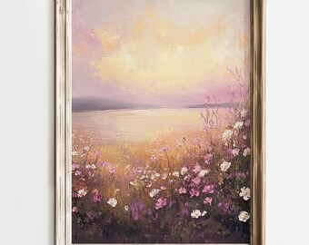 Wildflower Field Landscape, Pink Flowers, Pink, Vintage Oil Painting, Country Field Landscape, Farmhouse Decor, Meadow, Digital Download