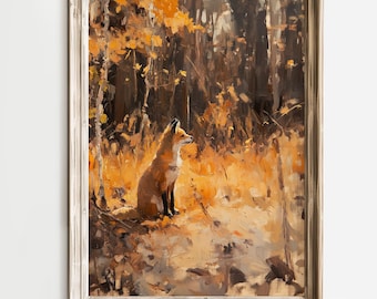 Printable Moody Red Fox in Nature Scenery Fine Art Print, Vintage Fox Painting, Digital Download, Neutral Antique Fox Wall Decor