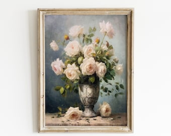 Vintage Flower Print, Vintage Oil Painting, Rose Painting, Floral Still Life Painting, Farmhouse Wall Decor, Digital Download