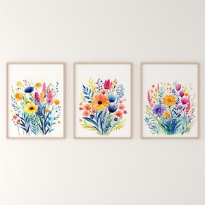 Bunte Wildblumen Kunst, 3er Set, helle Blumendrucke, druckbare Blumen Aquarelle, Wildblumen Feld Wandkunst, digitaler Download