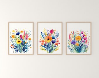 Colorful Wildflower Art, Set Of 3, Bright Floral Prints, Printable Flower Watercolors, Wildflower Field Wall Art, Digital Download