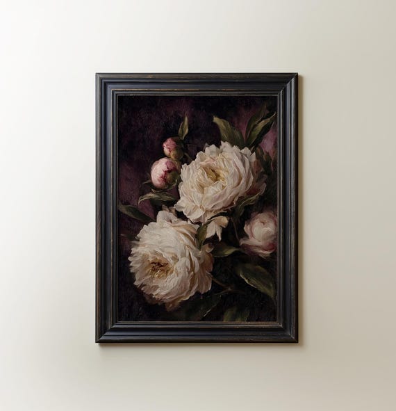 Vintage Moody Painting, Dark Academia Art, Victorian, Peonie Art, Antique Oil Paintings, Still Life Painting, Digital Download