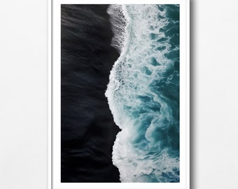 Black Sand Beach, Aerial view, framed art, home décor, wall art, ocean picture, neutral beach, ocean waves, coastal, Ocean, digital print