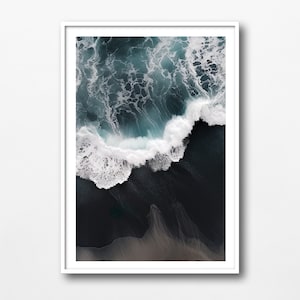 Black Sand Beach, Aerial view, home décor, wall art, ocean, framed art, ocean picture, coastal, ocean waves, neutral beach, digital print