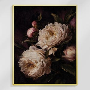 May include: A framed floral art print featuring a bouquet of white peonies with pink buds and green leaves against a dark background. The painting is in a vintage style, with a gold frame.