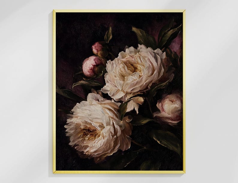 May include: A framed floral art print featuring a bouquet of white peonies with pink buds and green leaves against a dark background. The painting is in a vintage style, with a gold frame.