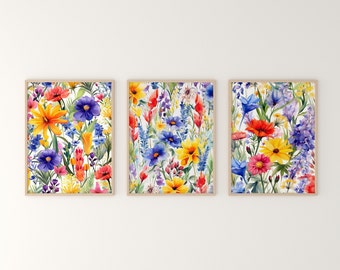 Set van 3, kleurrijke Wildflower kunst, heldere bloemenprints, afdrukbare bloem, digitale download