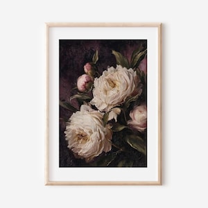May include: A framed art print featuring a still life of white peonies with green leaves and pink buds against a dark purple background. The flowers are in full bloom, with detailed brushstrokes and a vintage aesthetic.