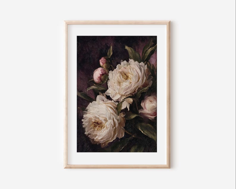May include: A framed art print featuring a still life of white peonies with green leaves and pink buds against a dark purple background. The flowers are in full bloom, with detailed brushstrokes and a vintage aesthetic.