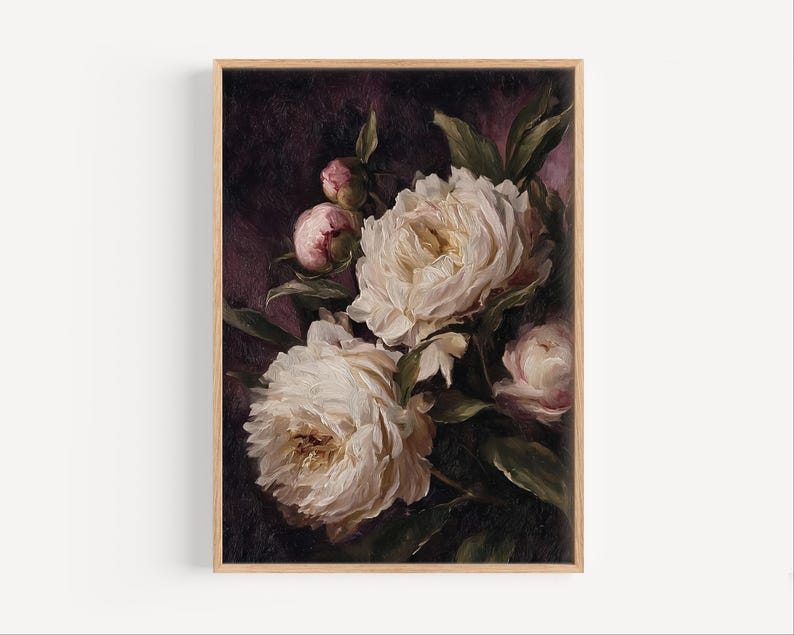 May include: A framed floral print featuring a bouquet of white peonies with green leaves and pink buds against a dark purple background. The artwork is in a wooden frame, showcasing a classic botanical theme.
