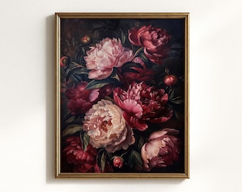 Dark Floral Peony Wall Art, Vintage Botanical Flower Print, Moody Romantic Floral Digital Download, Elegant Peony Artwork