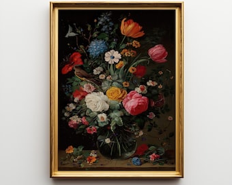 Dunkel Blumenmalerei druckbare Kunst, Dark Academia Druck, Stimmungsvolle Blumenwandkunst, viktorianische Kunst, Vintage Stimmungsvolle Malerei, Antikes Ölgemälde