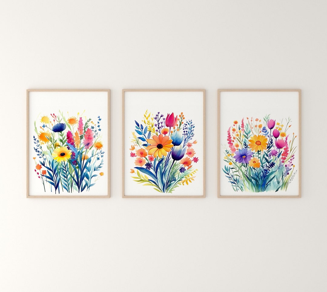 Colorful Wildflower Art, Set of 3, Bright Floral Prints, Printable ...
