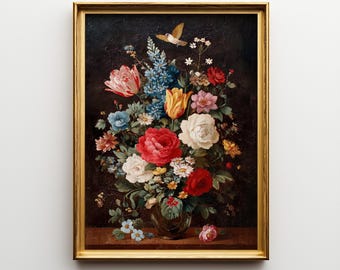 Dunkel Blumen Malerei druckbare Kunst, Dark Academia Druck, Antike Ölgemälde, Stimmungsvolle Blumen Wandkunst, Vintage Stimmungsvolle Malerei, viktorianische Kunst