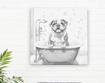 English Bulldog Bathroom Art | Bulldog Bubble Bath | Black and White Art | Canvas | English Bulldog Framed Art | Gifts For Bulldog Lovers