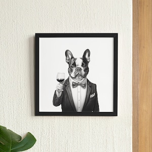 Funny Frenchie Tuxedo Art | Frenchie with Wine Art | Framed Canvas | Home Wall Art Gift | Wall Art for Dog Lovers | Wine Art for Dog Lover