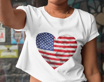 American Flag Heart Crop Top, America Heart Shirt, USA Flag Heart, 4th Of July Flag Graphic T-Shirt, Freedom T-Shirt, Independence Shirt