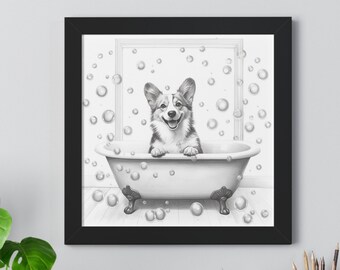 Corgi Bathroom Art | Corgi Bubble Bath | Black and White | Bathroom Art | Corgi Framed Art | Gifts For Dog Lovers | Gifts for Her