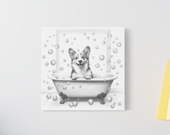 Corgi Bathroom Canvas Art | Corgi Bubble Bath | Black and White | Bathroom Art | Corgi Owner | Gifts For Dog Lovers | Gifts for Her