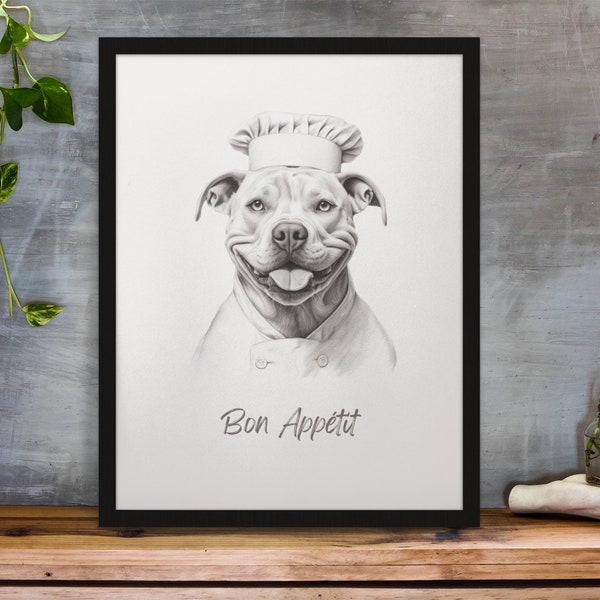 Funny Pit Bull Apron Art | Pit Bull Chef | Framed Poster | Kitchen Wall Art Gift | Wall Art for Dog Lovers | Kitchen Art for Dog Lover