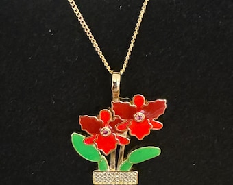 Sterling Silver Red Cattleya Orchid Necklace: Gold Plated Floral Pendant