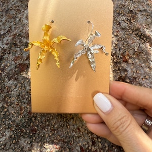 Meticulous: Schomburgkia Two Tone Orchid Flower Dangle Earrings • Flower Earrings •  14KGold- Sterling Silver Flower Jewelry