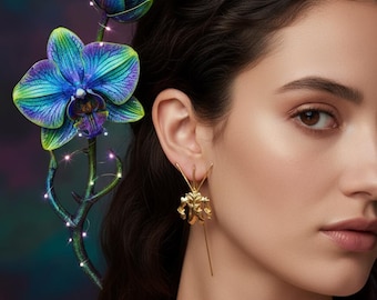 Sterling Silver Orchid Dangle Earrings: Gold & White Gold Flower Jewelry