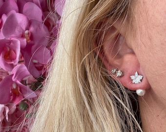 Cattleya Orchid Pearl Earrings: Zircon 14k White Gold Plated Sterling Silver