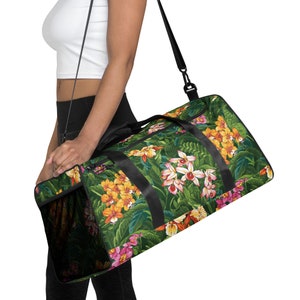 Tropical Orchid Print Duffle Bag: Water-Resistant Gym Travel Bag