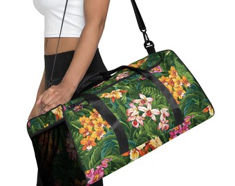 Tropical Orchid Print Duffle Bag: Water-Resistant Gym Travel Bag
