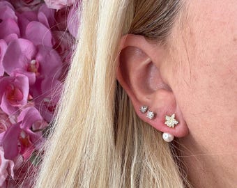 Cattleya Orchid Pearl Jacket Earrings: Zircon 18k Gold Plated Sterling Silver